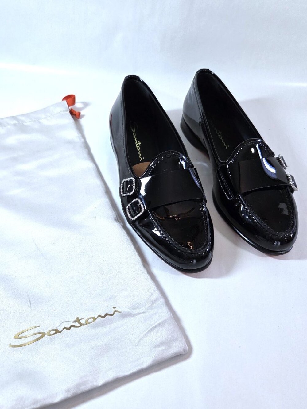 Santoni Andrea Black Patent Leather Double Rhinestone Buckles Loafers Size 37